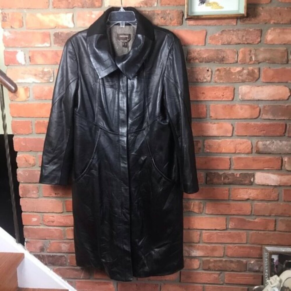 Danier Leather NEW Long Jacket Coat Wool Lined Pockets Zipper Snap Closure Tag L - Picture 2 of 16
